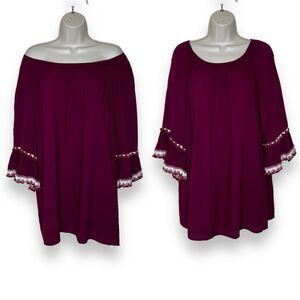 Entro Off Shoulder Crochet Lace Bell Ruffle Sleeve Boho Berry Tunic Women Small